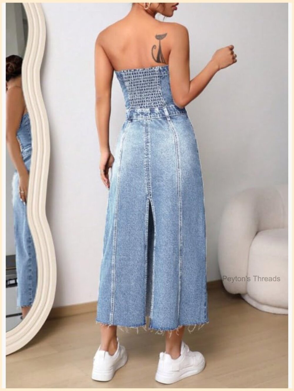 Strapless Denim Tube Dress Back Smocked Midi Slim Fit A-Line Sleeveless Party - Picture 3 of 6
